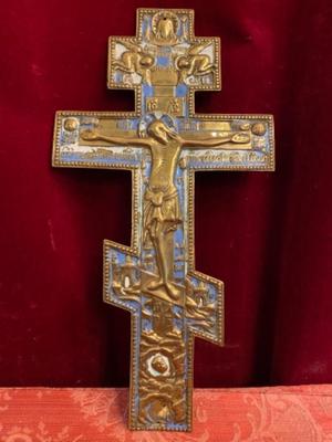 Large-Russian-Brass-Crucifixion-Cross style Orthodox Byzantine en Brass / Bronze / Enamel, Moscow Regiona 19 th century