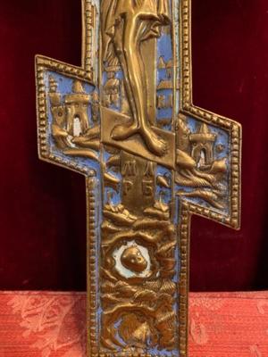 Large-Russian-Brass-Crucifixion-Cross style Orthodox Byzantine en Brass / Bronze / Enamel, Moscow Regiona 19 th century