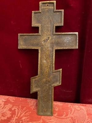 Large-Russian-Brass-Crucifixion-Cross style Orthodox Byzantine en Brass / Bronze / Enamel, Moscow Regiona 19 th century