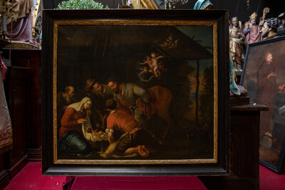 Painting On Canvas , “Nativity Of Jesus” en Oil on Canvas, Flemish - Belgium 18 th century