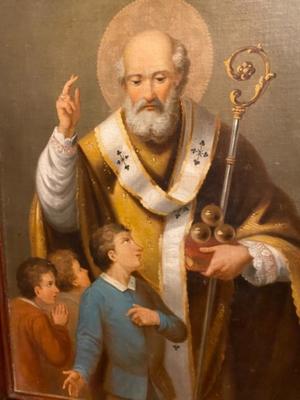 Painting St. Nicholas  en Painted on Canvas / Wooden Frame, Belgium 19 th century