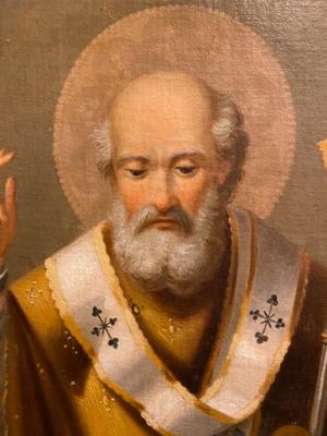 Painting St. Nicholas  en Painted on Canvas / Wooden Frame, Belgium 19 th century