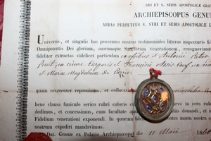 Relic Ex Oss. S. Anton. Padua. Ex Cinere Corporis S. Franc. Assisi. Ex Veste Maria Magd. De Pazzi. Ex Indusia S. Phillipus Neri. Ex Ossibus M. Magdelena Paenetentia Genua Italy 1860