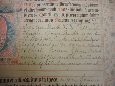 Relic Ex Sepulcre B.M.V. Pallio St. Joseph St. Hippolytus, Carolus Borromeus, Ludovicus With Original Document Belgium  19 th century