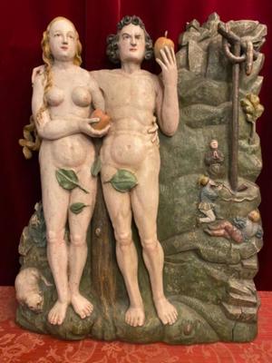 Relief Adam & Eve  en Carved Wood Polychrome, Southern Germany 20th century