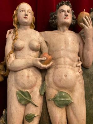 Relief Adam & Eve  en Carved Wood Polychrome, Southern Germany 20th century