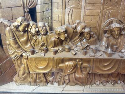 Relief Last Supper In Showcase Behind Glass en Fully Hand - Carved Wood / Glass, Belgium  20 th century ( Anno 1930 )