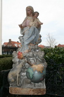 Religious Statue St. Mary With Torch-Dog On World Globe en Terra-Cotta polychrome, France 19th century