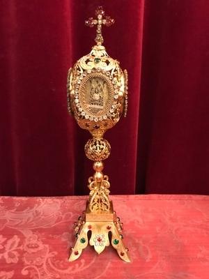 Reliquary en Brass / Polished / New Varnished / Stones, France 19th century