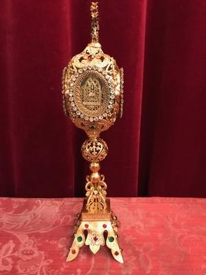 Reliquary en Brass / Polished / New Varnished / Stones, France 19th century