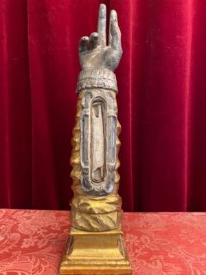 Reliquary - Arm Relic Ex Ossibus St. Ignatii Loyola en Hand - Carved Wood Polychrome , Italy  18 th century ( Anno 1735 )