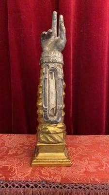 Reliquary - Arm Relic Ex Ossibus St. Ignatii Loyola en Hand - Carved Wood Polychrome , Italy  18 th century ( Anno 1735 )