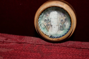 Reliquary Carved Stone Image St. Mary And Child. Relics Of Maria Virgine, St. Alponsus, St. Clara Of Assisi, Agnus Dei. Italy 19th century