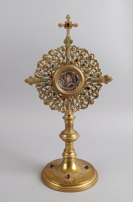 Reliquary – Multiple Relics Of St. Camillus Ex Ossibus, Ex Veste, Ex Sudario, Ex Filamin, Ex Plineta. en Bronze / Gilt / Gemstones, Italy 19 th century ( Anno 1890 )