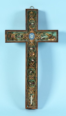 Reliquary - Relic - Cross Relics: Agnus Dei. St. Theresia. St. Barbara. St. Donatus. St. Franc. Of Sales. St. Vincentius A Paulo. B.J. Labre en Wood / Glass , France 19th century ( anno 1840 )