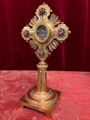 Reliquary - Relic Ex Ligno S. Crucis D.N.J.C. With Original Case en Bronze / Gilt / Stones / Glass, Italy 19 th century ( Anno 1875 )