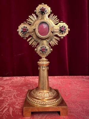 Reliquary - Relic Ex Ligno S. Crucis D.N.J.C. With Original Case en Bronze / Gilt / Stones / Glass, Italy 19 th century ( Anno 1875 )