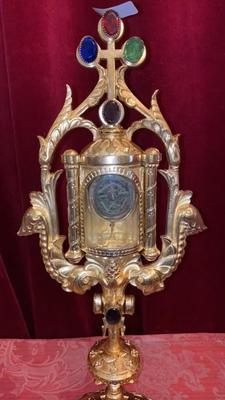 Reliquary - Relic Ex Ligno S. Crucis With 12 Apostles en Bronze / Polished / New Varnished / Stones / Glass / Wax Seal, France 18th century