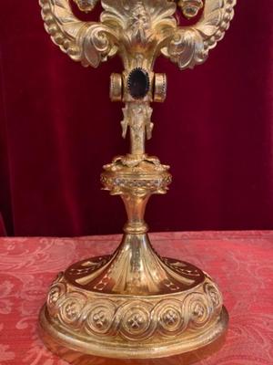 Reliquary - Relic Ex Ligno S. Crucis With 12 Apostles en Bronze / Polished / New Varnished / Stones / Glass / Wax Seal, France 18th century