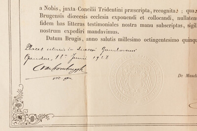 Reliquary - Relic Ex Ossibus Ignatii Loyola, Franciscus Xaverius, Et Stanislas Kostka With Original Document en Brass / Glass / Wax Seal, Belgium  19 th century