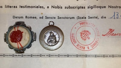 Reliquary - Relic Ex Ossibus Maria Goretti With Original Document en Brass / Glass / Wax Seal, Belgium  20 th century