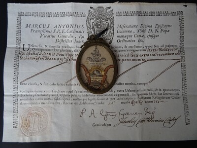 Reliquary - Relic Ex Ossibus Of St. Leo Ix Pope Original Document en Brass / Glass / Wax Seal, Italy  18 th century ( Anno 1785 )