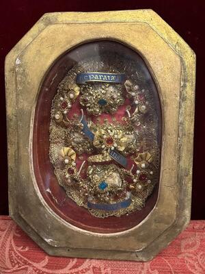 Reliquary - Relic Ex Ossibus Relics St. Clemens M. St. Reparata M. St. Fausti M.  en Monastery Hand - Work / Wood / Glass / Fabrics, Northern Italy 18 th century ( Anno 1785 )