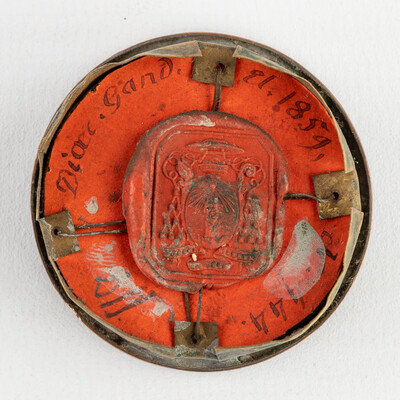 Reliquary - Relic Ex Ossibus Sancta Sabina. With Original Document en Brass / Glass / Wax Seal, Belgium  19 th century ( Anno 1859 )