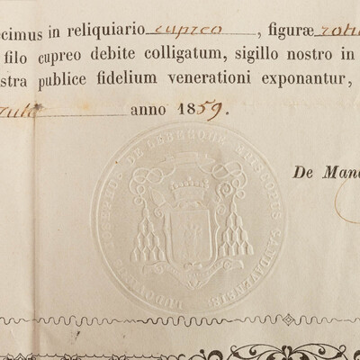 Reliquary - Relic Ex Ossibus Sanctae Verecundae Martiris. With Original Document en Brass / Glass / Wax Seal, Belgium  19 th century ( Anno 1859 )