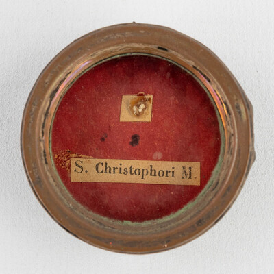 Reliquary - Relic Ex Ossibus Sancti Christophori. With Orignial Document en Brass / Glass / Wax Seal, Belgium  19 th century ( Anno 1858 )