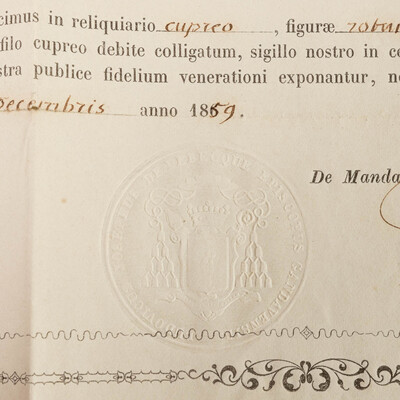 Reliquary - Relic Ex Ossibus Sancti Leonardi. With Original Document en Brass / Glass / Wax Seal, Belgium  19 th century ( Anno 1859 )