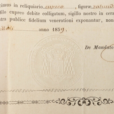 Reliquary - Relic Ex Ossibus Sancti Macharii Episcopi Confessoris. With Original Document en Brass / Glass / Wax Seal, Belgium  19 th century ( Anno 1859 )