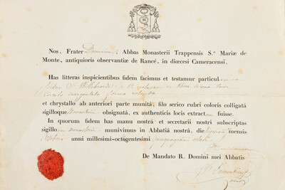 Reliquary - Relic  Ex Ossibus Sancti Willebrordi. With Original Document en Brass / Glass / Wax Seal, Belgium  19 th century ( Anno 1858 )