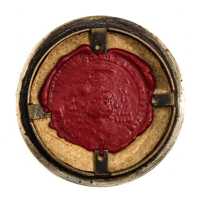 Reliquary - Relic Ex Ossibus St. Ambrosius With Original Document en Brass / Glass / Wax Seal, Belgium  19 th century