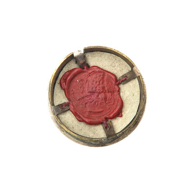 Reliquary - Relic Ex Ossibus St. Andreas With Original Document en Brass / Glass / Wax Seal, 19 th century
