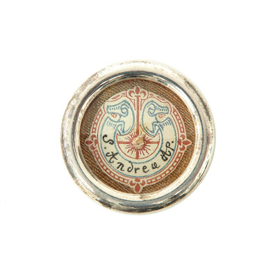 Reliquary - Relic Ex Ossibus St. Andreas With Original Document en Brass / Glass / Wax Seal, 19 th century