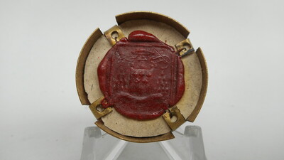 Reliquary - Relic Ex Ossibus St. Eligius With Original Document en Brass / Glass / Wax Seal, Belgium  19 th century