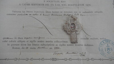 Reliquary - Relic Ex Ossibus St. Joannes Berchmans With Original Document en Full - Silver / Glass / Originally Sealed, 19th century