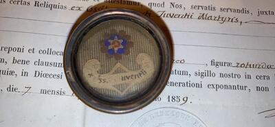 Reliquary - Relic Ex Ossibus St. Juventius With Original Document en Brass / Glass / Wax Seal, Gent - Belgium 19 th century ( Anno 1859 )