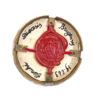 Reliquary - Relic Ex Ossibus St. Louis & St. Elisabeth Of Hungary With Original Document en Brass / Glass / Wax Seal, 19 th century