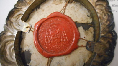 Reliquary - Relic Ex Ossibus St. Servatius Episcopi With Original Document en Silver / Brass / Glass Wax Seal, Belgium 19 th century