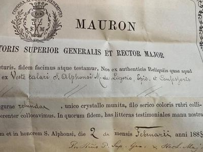 Reliquary - Relic Ex Veste St. Alphonsus With Original Document en Brass / Glass / Wax Seal, Italy  19 th century ( Anno 1888 )