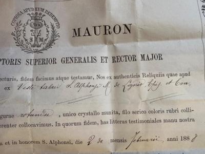 Reliquary - Relic Ex Veste St. Alphonsus With Original Document. en Brass / Glass / Wax Seal, Italy  19 th century ( Anno 1888 )