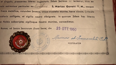 Reliquary - Relic Maria Goretti With Document  Roma - Italy 20th century