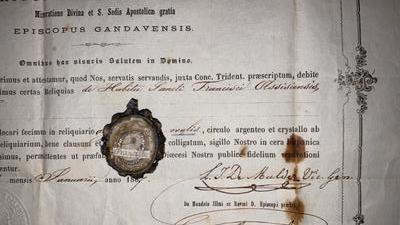 Reliquary - Relic St. Franciscus Ass. Ex Habitu With Original Document en Silver, Belgium 19th century ( anno 1867 )