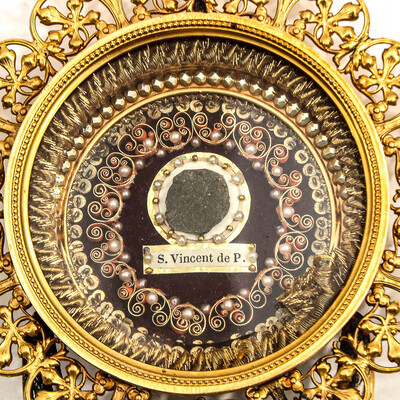 Reliquary - Relic St. Vincent De Paul en Brass / Bronze / Gilt  / Glass / Originally Sealed, Belgium  19 th century