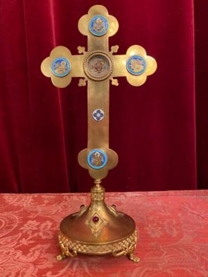 Reliquary - Relic True Cross & 4 Evangelists  en Brass / Bronze / Glass / Originally Sealed / Enamel Medallions, France 19 th century ( Anno 1885 )