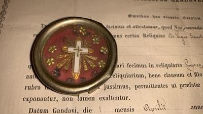 Reliquary - Relic True Cross With Original Document en Brass / Glass / Originally Sealed, Belgium 19th century ( anno 1875 )