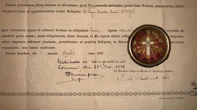 Reliquary - Relic True Cross With Original Document en Brass / Glass / Originally Sealed, Belgium 19th century ( anno 1875 )