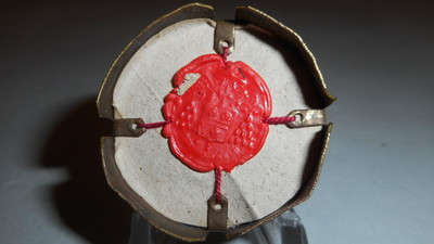 Reliquary - Relic - True Cross With Original Document  en Brass Plated / Glass / Wax Seal, 19 th century